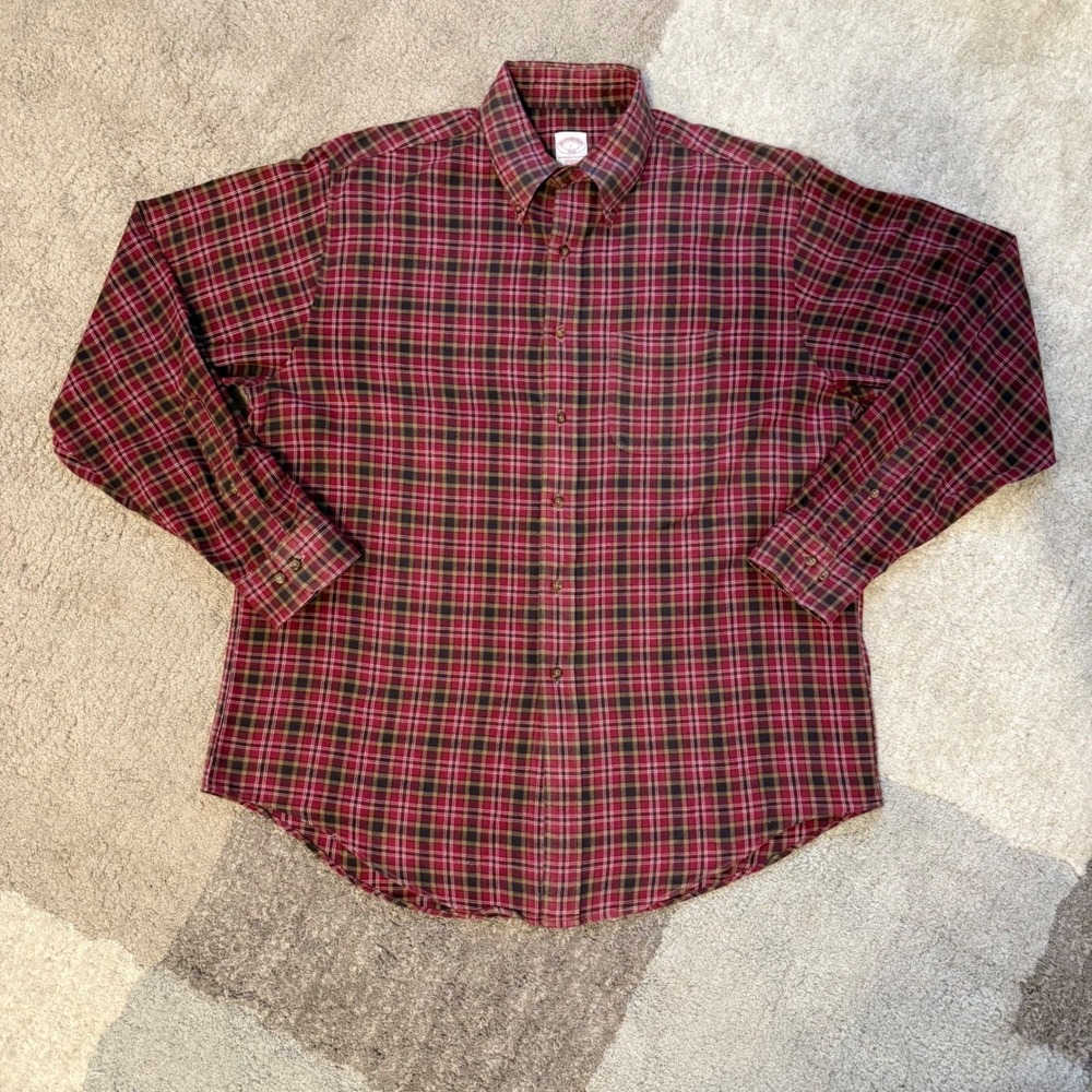 Brooks Brothers 346 Mens Large Red Brown Plaid Cotton Button Down Polo Shirt L